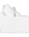 White linen three seater sofa with plush cushions, featuring a relaxed and stylish design for effortless comfort