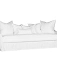 White linen three seater sofa with plush cushions, featuring a relaxed and stylish design for effortless comfort
