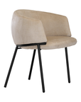 Lumo dining chair in bone with soft upholstered seat and curved backrest on slim black legs shown in a clean minimal setting.