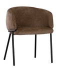 Lumo dining chair in cocoa with soft upholstered seat and curved backrest on slim black legs shown in a clean minimal setting.
