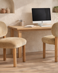 Moda dining chair dolce in soft beige dolce with timber legs styled in a calm modern organic australian home office setting
