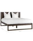 A sleek modern bed frame crafted from dark oak, featuring a minimalist open-base design. The bed is styled with crisp white linen and plush pillows, offering a refined and contemporary bedroom aesthetic