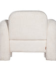 A modern sculptural armchair with rounded, chunky arms and backrest, upholstered in soft white boucle fabric, perfect for contemporary living spaces