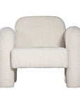 A modern sculptural armchair with rounded, chunky arms and backrest, upholstered in soft white boucle fabric, perfect for contemporary living spaces