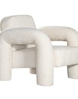 A modern sculptural armchair with rounded, chunky arms and backrest, upholstered in soft white boucle fabric, perfect for contemporary living spaces