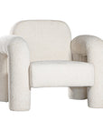 A modern sculptural armchair with rounded, chunky arms and backrest, upholstered in soft white boucle fabric, perfect for contemporary living spaces