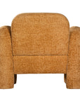 A modern sculptural armchair with rounded, chunky arms and backrest, upholstered in mustard boucle fabric, perfect for contemporary living spaces