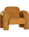 A modern sculptural armchair with rounded, chunky arms and backrest, upholstered in mustard boucle fabric, perfect for contemporary living spaces