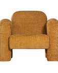 A modern sculptural armchair with rounded, chunky arms and backrest, upholstered in mustard boucle fabric, perfect for contemporary living spaces