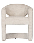 Contemporary upholstered armchair in a soft beige fabric, featuring a sculptural curved frame and plush seating for a modern, sophisticated look.