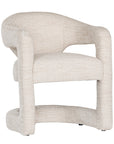 Contemporary upholstered armchair in a soft beige fabric, featuring a sculptural curved frame and plush seating for a modern, sophisticated look.