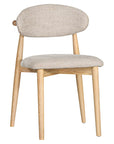 Contemporary wooden dining chair with a natural timber frame and an upholstered seat and backrest in neutral fabric, blending comfort and style for modern interiors.