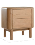 Molly Bedside Table in natural oak with rounded edges and two drawers, styled in a minimalist bedroom setting