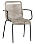 Natural and black outdoor dining chair featuring a sleek powder-coated metal frame and handwoven rope design, perfect for contemporary alfresco spaces