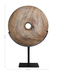 Natural carved teak disc sculpture with stand in modern minimalist design, perfect for adding bold decorative accents to any interior space