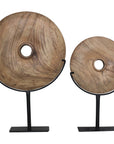 Natural carved teak disc sculpture with stand in modern minimalist design, perfect for adding bold decorative accents to any interior space