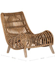 A sculptural natural rattan lounge chair with a curved, low-profile silhouette and sleek wooden legs. The woven design adds texture, while the deep seat and ergonomic shape offer comfort and relaxation