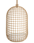 A stylish natural hanging chair with an open-weave design, suspended by a natural rope and featuring a plush white cushion for ultimate relaxation