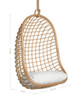 A stylish natural hanging chair with an open-weave design, suspended by a natural rope and featuring a plush white cushion for ultimate relaxation