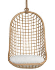A stylish natural hanging chair with an open-weave design, suspended by a natural rope and featuring a plush white cushion for ultimate relaxation