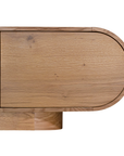 Natural oak TV unit featuring a sleek curved design with ample storage, including cabinets, a drawer, and an open shelf for media organisation