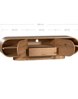 Natural oak TV unit featuring a sleek curved design with ample storage, including cabinets, a drawer, and an open shelf for media organisation