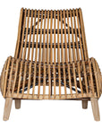 A sculptural natural rattan lounge chair with a curved, low-profile silhouette and sleek wooden legs. The woven design adds texture, while the deep seat and ergonomic shape offer comfort and relaxation
