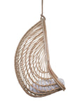 Natural rattan hanging egg chair with a plush white cushion, featuring a woven open-weave design and sturdy rope for a stylish and relaxing indoor or outdoor seating option