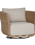 Natural rattan swivel armchair with plush barley cushions, offering a blend of comfort and contemporary coastal style