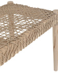 Natural teak and rope bench with a woven seat and solid wooden frame, showcasing artisanal craftsmanship and organic textures