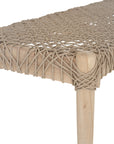 Natural teak and rope bench with a woven seat and solid wooden frame, showcasing artisanal craftsmanship and organic textures