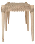 Natural teak and rope bench with a woven seat and solid wooden frame, showcasing artisanal craftsmanship and organic textures