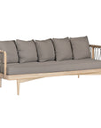 Natural rope lounge three seat sofa with taupe cushions, featuring a light timber frame and modern coastal aesthetic.