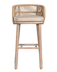 Handwoven rope bar stool with a curved backrest, cushioned seat, and sturdy wooden legs, perfect for relaxed coastal and modern interiors