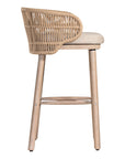 Handwoven rope bar stool with a curved backrest, cushioned seat, and sturdy wooden legs, perfect for relaxed coastal and modern interiors