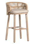 Handwoven rope bar stool with a curved backrest, cushioned seat, and sturdy wooden legs, perfect for relaxed coastal and modern interiors