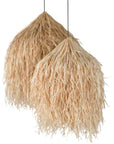 Natural seagrass pendant light with bohemian style, featuring layered raffia texture and organic coastal charm