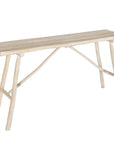 Natural teak console table with rustic branch frame, ideal for relaxed outdoor seating or casual indoor decor.