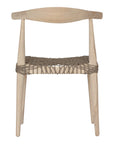 Natural wooden dining chair with a woven seat, showcasing a minimalist and rustic design perfect for modern interiors.