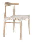 Natural timber dining chair with a white woven seat, showcasing rustic craftsmanship and contemporary design.