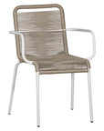 Natural and white outdoor dining chair featuring a sleek powder-coated metal frame and handwoven rope design, perfect for contemporary alfresco spaces