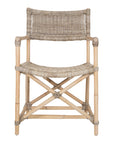 Natural wicker armchair with armrests and a sturdy cross-frame base, showcasing a contemporary design suitable for indoor or outdoor dining spaces.