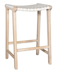 A handcrafted natural wood bar stool featuring a woven white leather seat, designed for a relaxed and stylish coastal-inspired space.