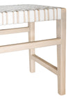 A beautifully crafted natural wood bench with a woven white leather seat, perfect for adding a touch of relaxed elegance to any space.