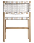 A stylish natural wood dining chair featuring a woven white leather seat and backrest, blending modern design with organic textures