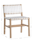 A stylish natural wood dining chair featuring a woven white leather seat and backrest, blending modern design with organic textures