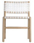 A stylish natural wood dining chair featuring a woven white leather seat and backrest, blending modern design with organic textures