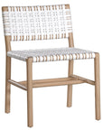 A stylish natural wood dining chair featuring a woven white leather seat and backrest, blending modern design with organic textures
