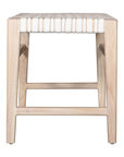 A beautifully crafted natural wood low stool with a woven white leather seat, perfect for adding a touch of relaxed elegance to any space