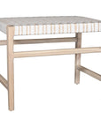 A beautifully crafted natural wood low stool with a woven white leather seat, perfect for adding a touch of relaxed elegance to any space